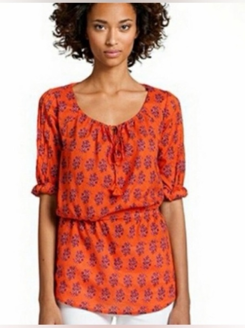 Tory Burch Evelina Orange Floral Tassels Blouse Sz 0